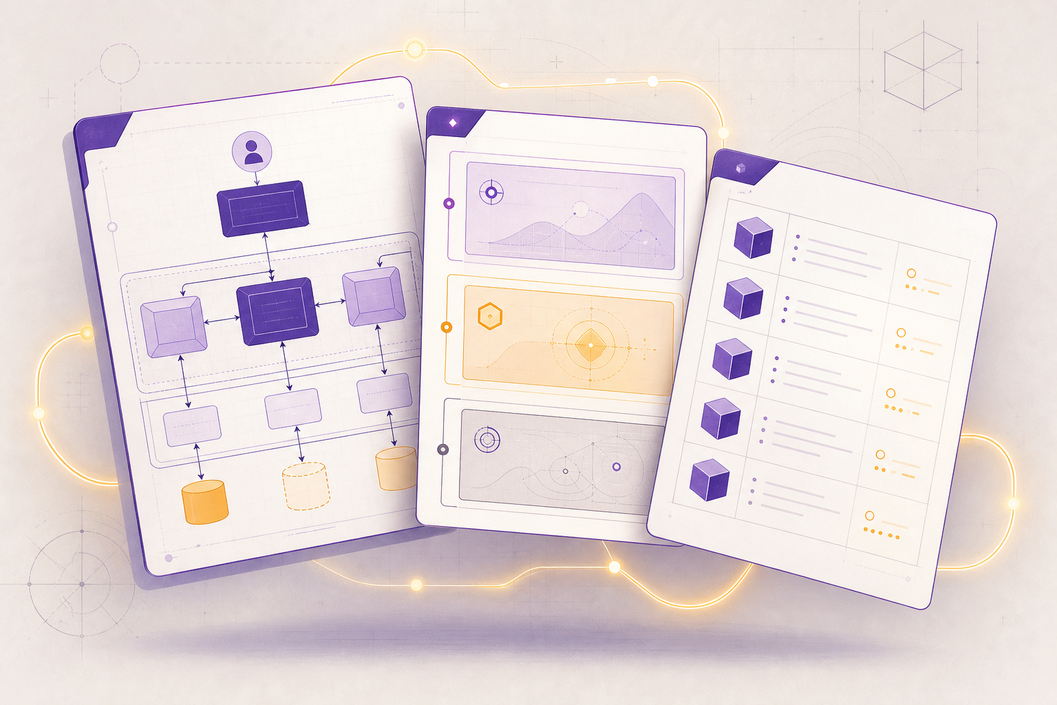A stylised architecture pack: a high-level design with a C4 container diagram, a decision record, and a per-repository work bundle