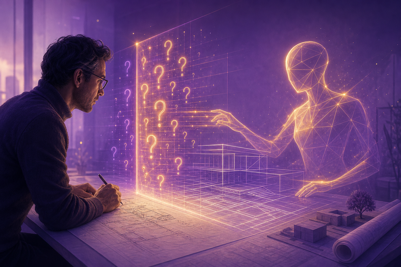 An architect and an AI facilitator at a design table, the design held back behind a gate of glowing questions that must be answered first