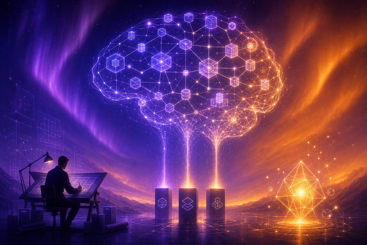 A luminous brain made of architecture blueprints, fed by three pillars, with an architect and an AI co-designing