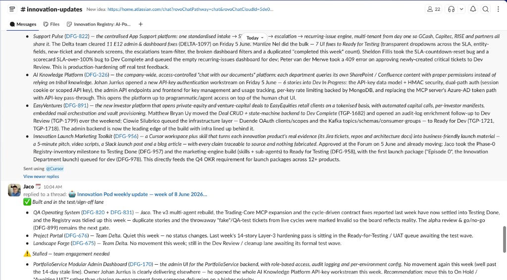 The Friday progress update posted in the innovation-updates Slack channel