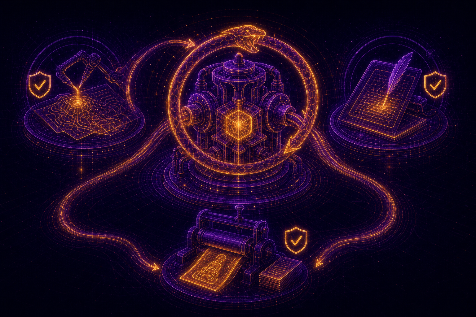 A machine whose output curves back into its own input, with three vignettes showing it acting on itself — a map drawing itself, a page writing its own report, a press printing a story about the machine — each carrying the same small shield-and-checkmark guardrail
