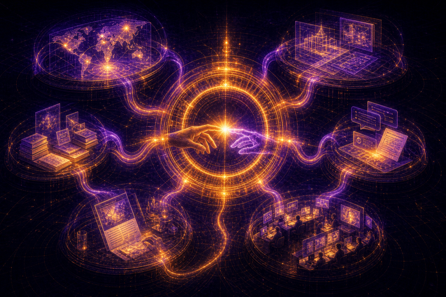 A glowing operating system rendered as a living body — a central ring where a human hand and an AI light meet, with luminous organ-modules (a self-drawing map, a design blueprint, a knowledge stack, a weekly brief, a newsroom, a running service) wired around it by threads of light