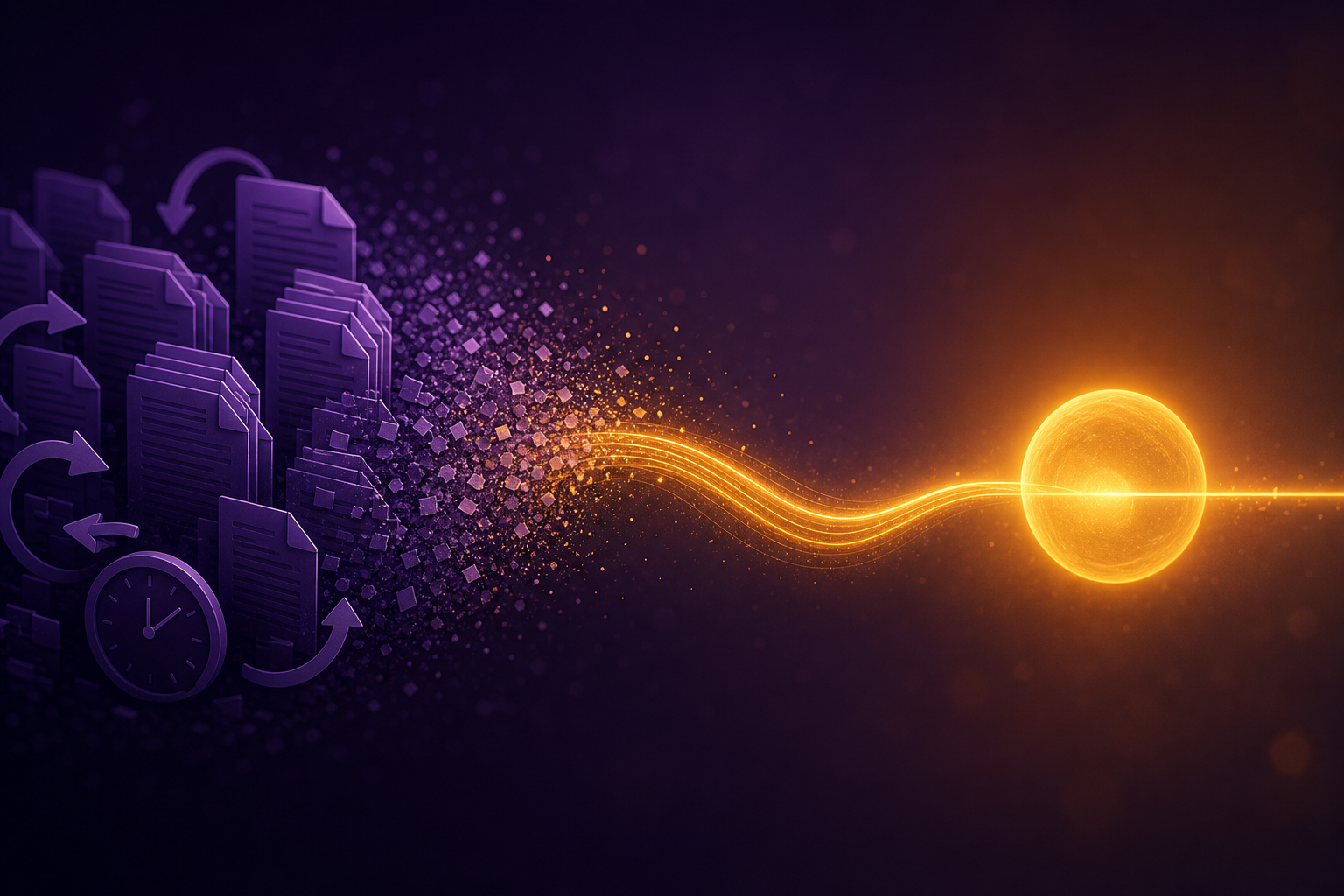 A repetitive pile of manual paperwork on the left dissolving into a single, effortless ribbon of light flowing to a calm glowing orb on the right