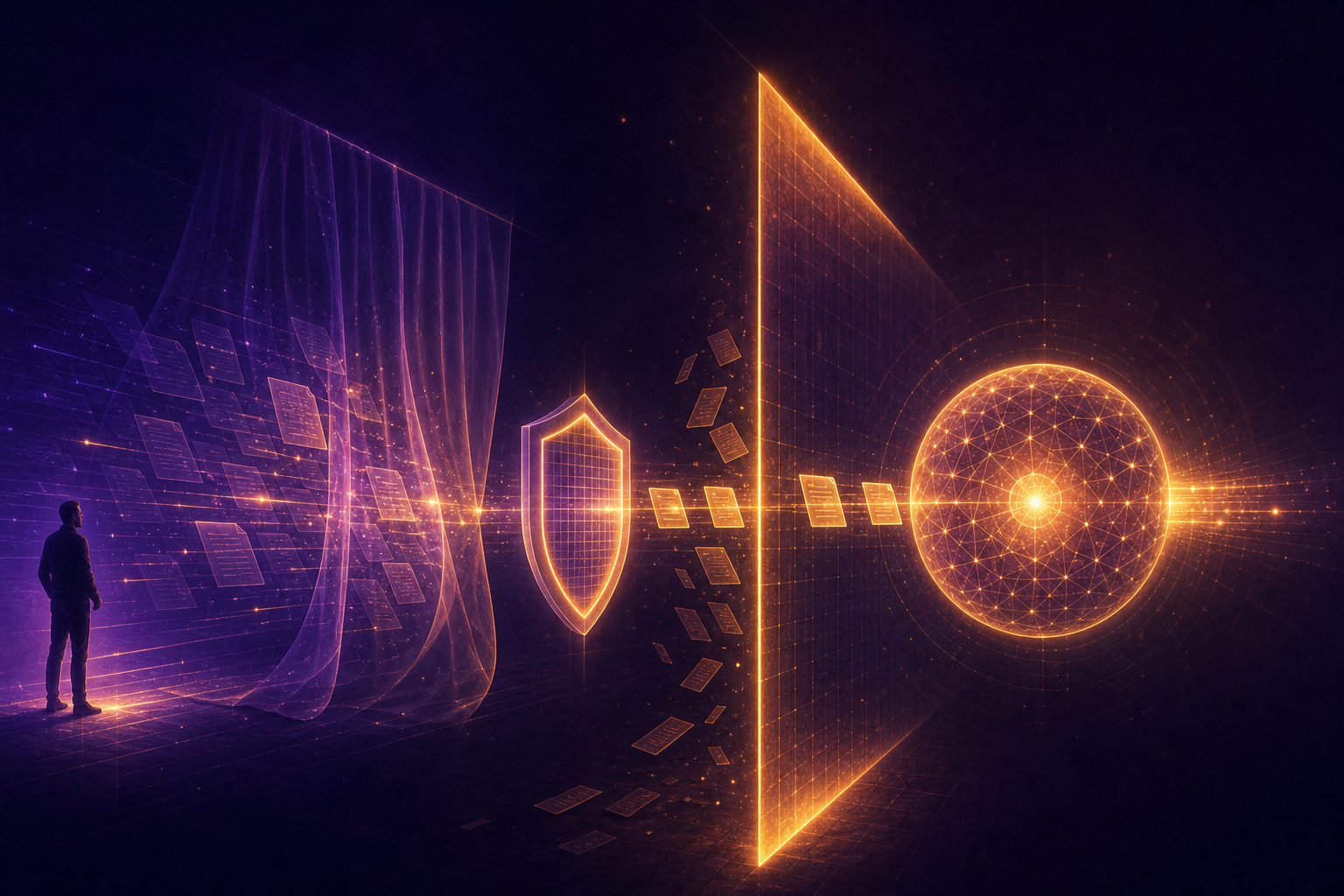 A conceptual split: on the left a flimsy translucent curtain with confidential documents still piled behind it and leaking light; on the right a solid wall of light that filters unauthorised documents out entirely before a few permitted ones pass through to a glowing AI core