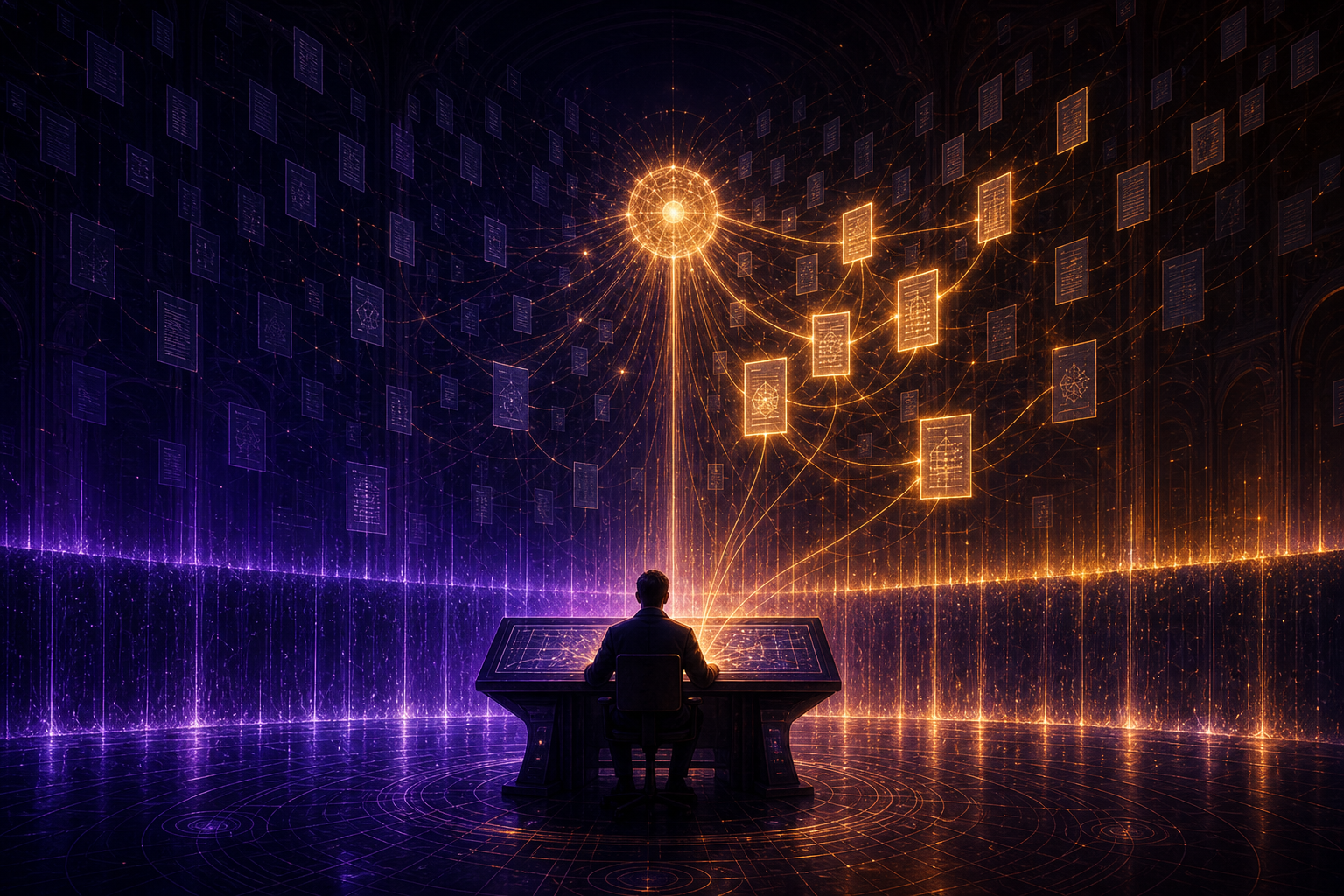 A lone figure at a terminal in a vast dark hall of floating documents; a central AI orb answers, connected by threads of light to only the documents lit up as permitted, while the rest stay locked behind a wall of light