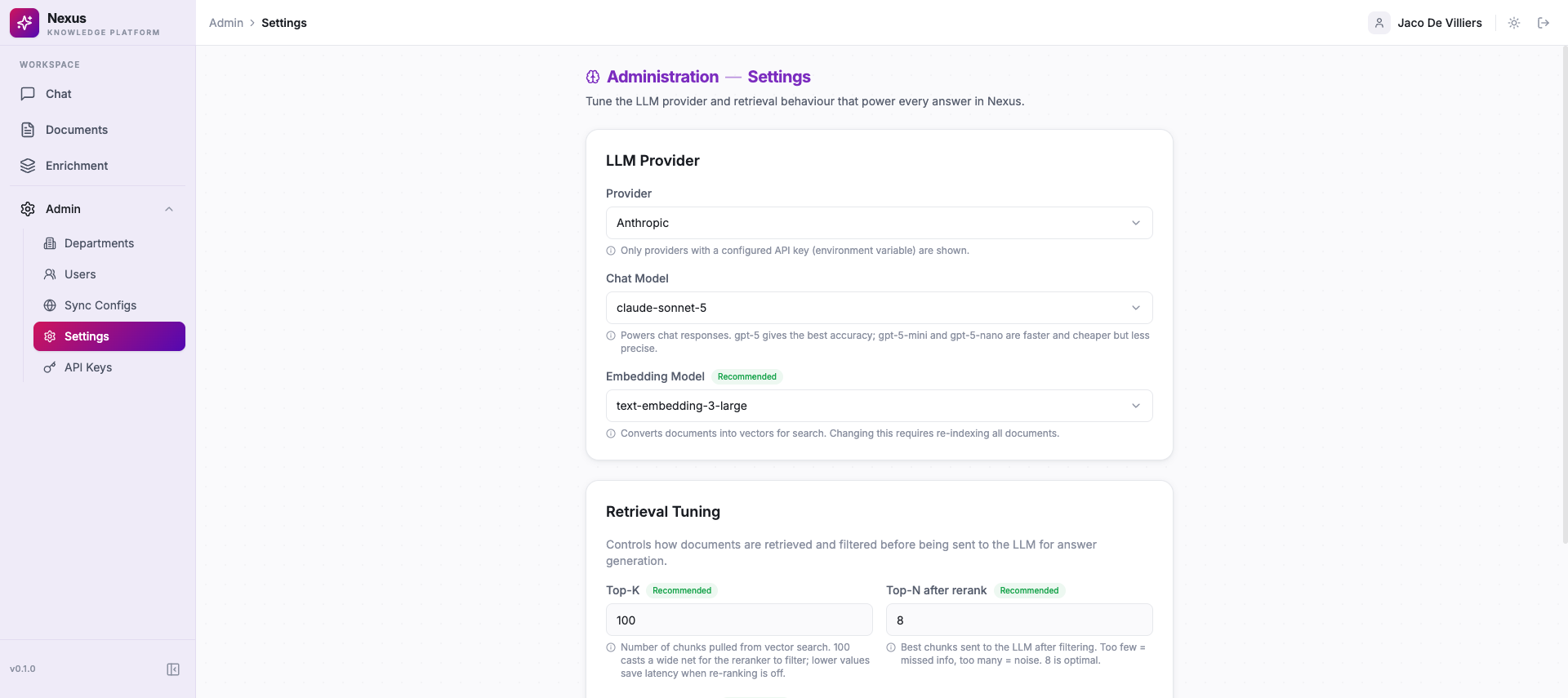 The Nexus LLM Settings screen with a provider and model selector across Azure OpenAI, OpenAI, Anthropic and GPT-5
