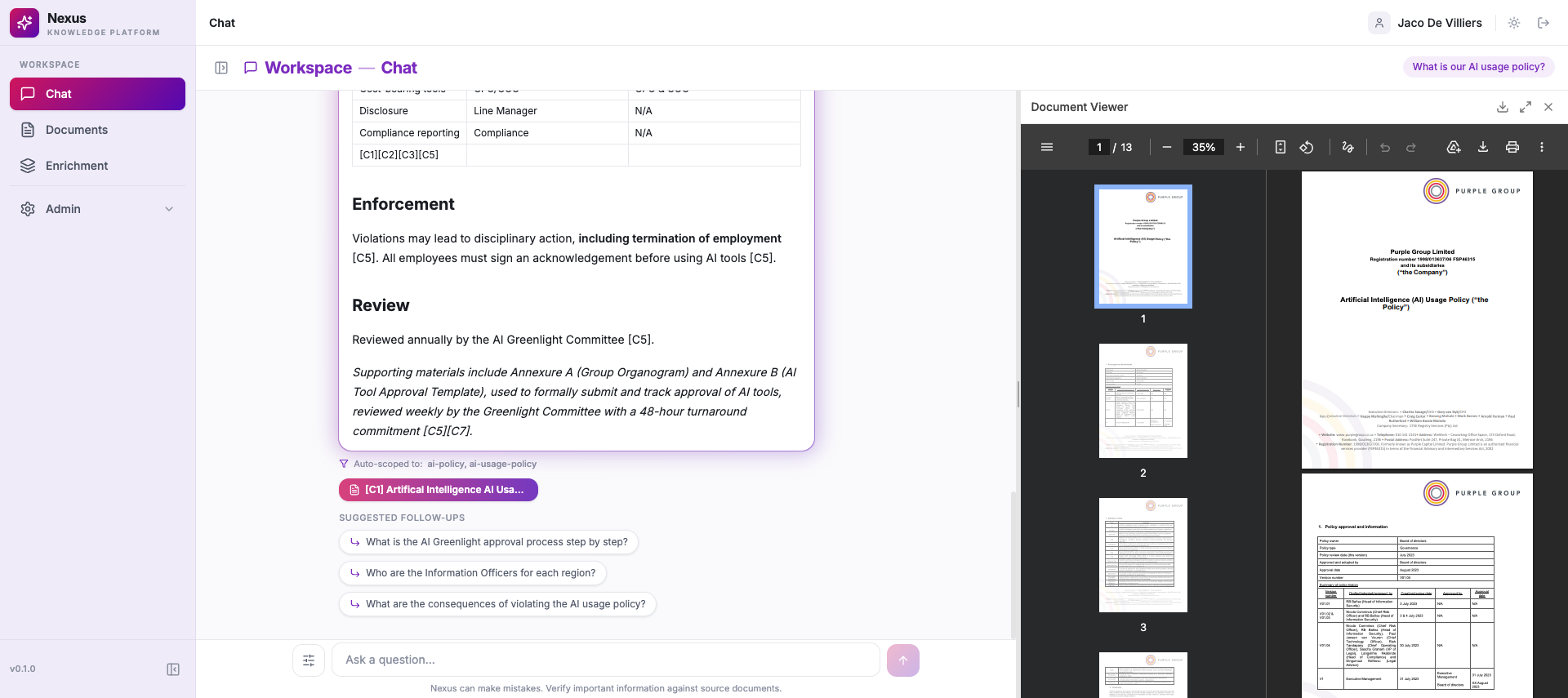 A Nexus answer on the left with the real source document open side-by-side on the right after clicking a citation