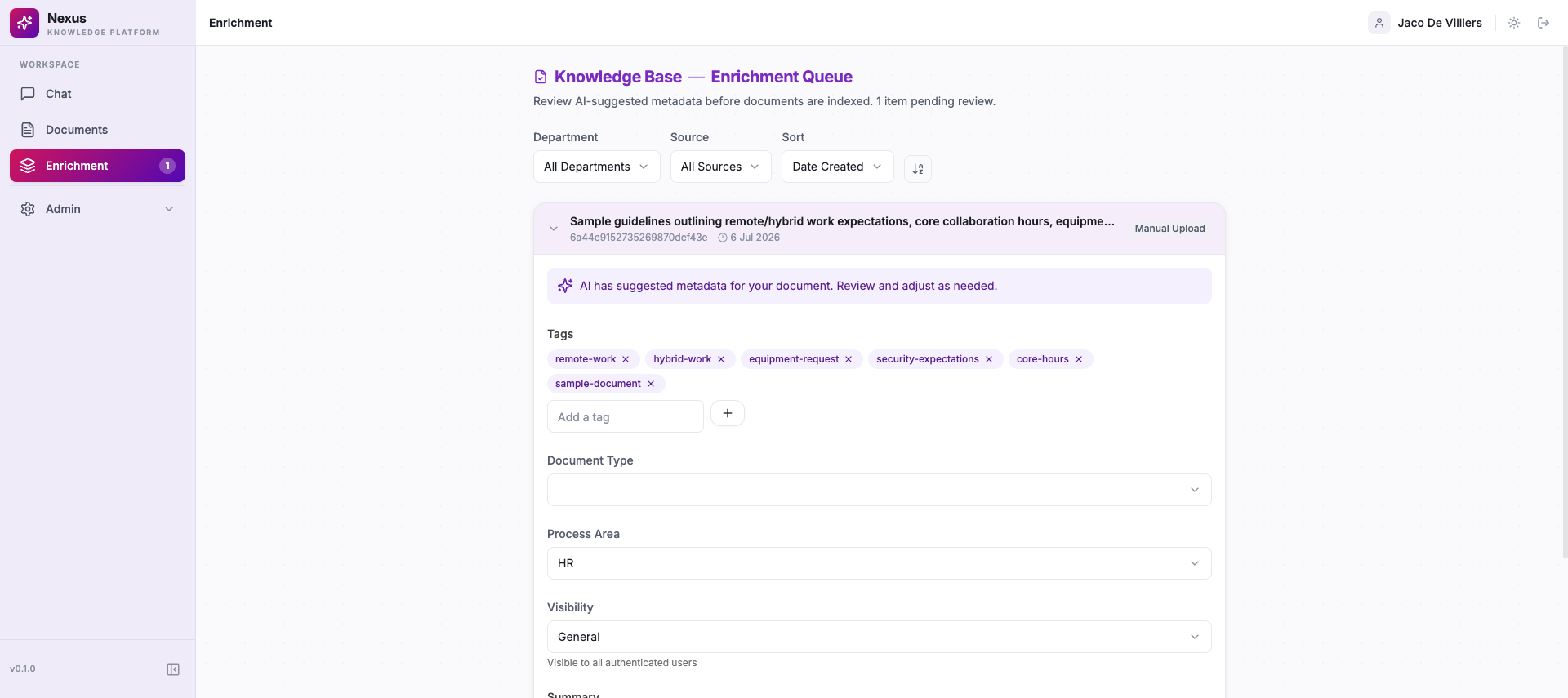 The Nexus enrichment review form: AI-suggested tags, a process area, and a summary in an editable form, with Reject, Accept As-Is and Edit and Accept buttons