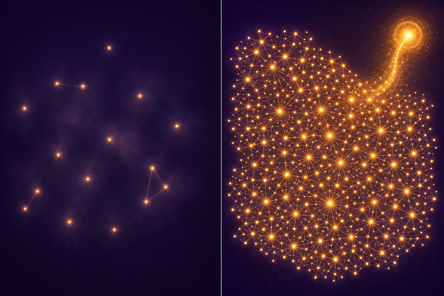 Before and after: 14 sparse, dim systems versus 154 bright, connected ones