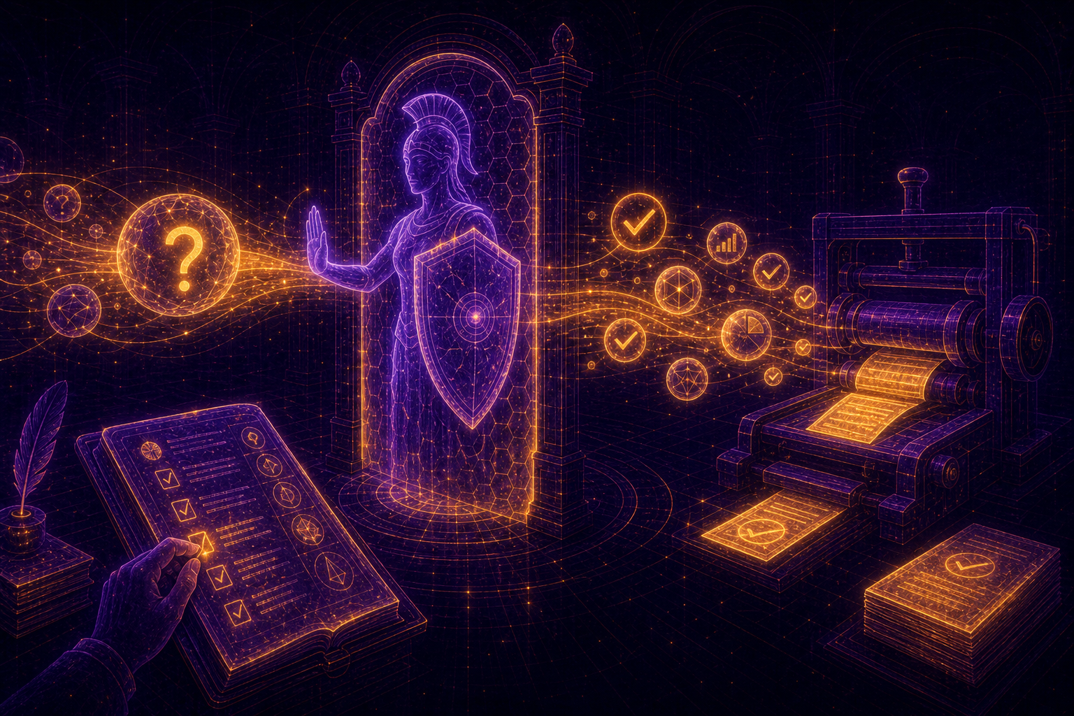 An unverified claim — a glowing number marked with a question mark — is halted at a luminous gate by a guardian 'skeptic' figure with a raised hand, while a ledger records what still needs checking and a human hand approves; only verified, checkmarked items flow on to the printing press
