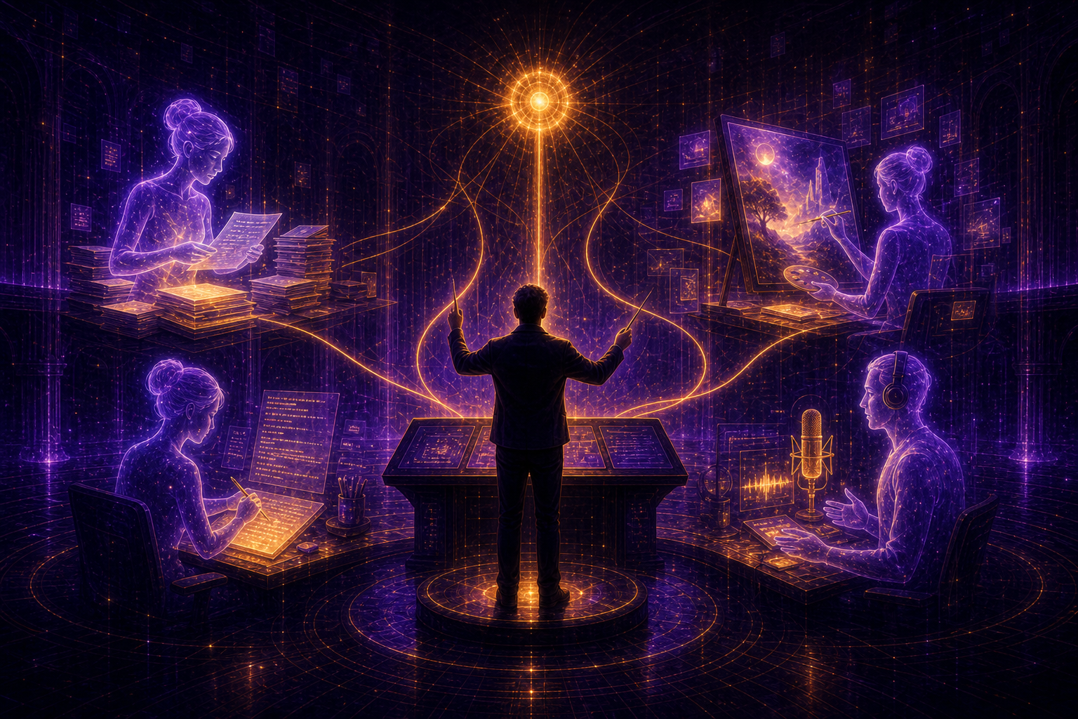 A single conductor figure on a dais directs a team of glowing AI agents in a warm newsroom-atelier — one researching from stacks of documents, one writing, one generating artwork, one at a microphone — connected to the conductor by threads of light