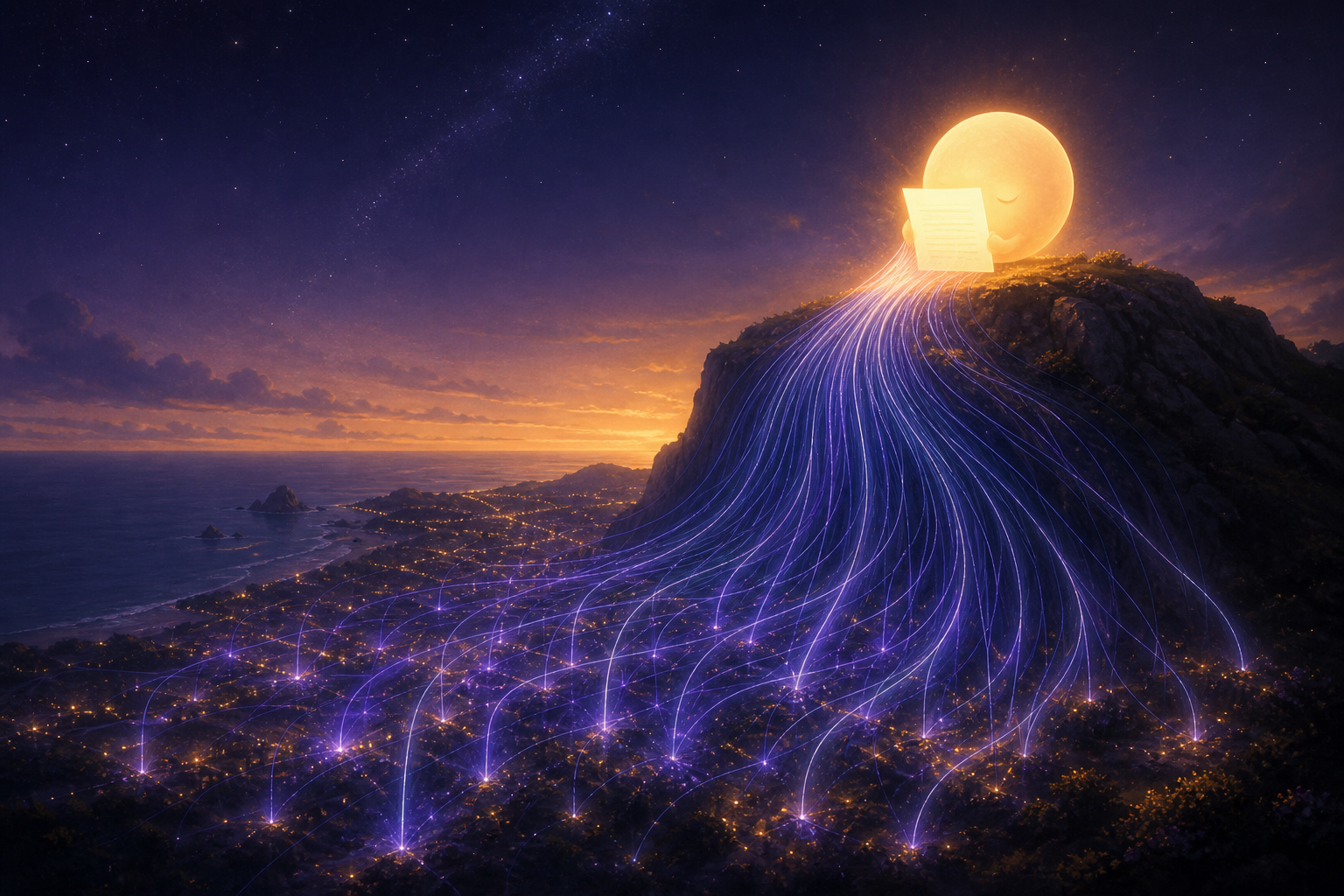 A glowing vantage point above a city at night, with countless streams of light rising and folding into a single page