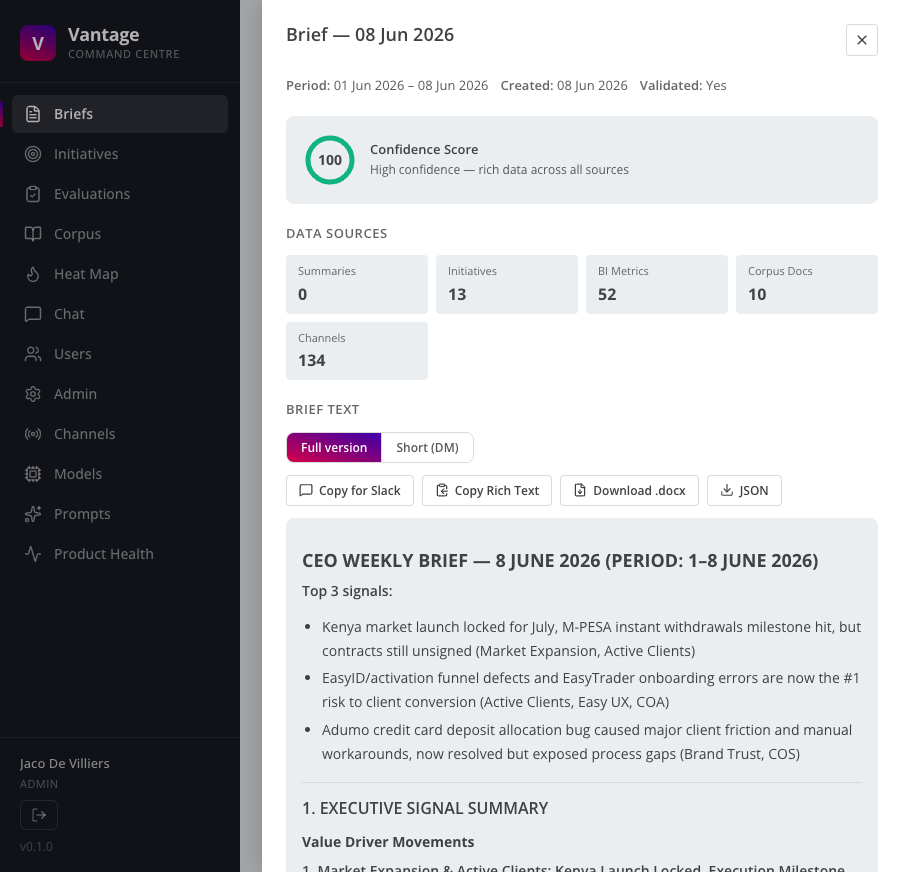 A real Vantage CEO Frontier Brief opened in the app, showing its confidence score, the data sources it synthesised, and the brief text