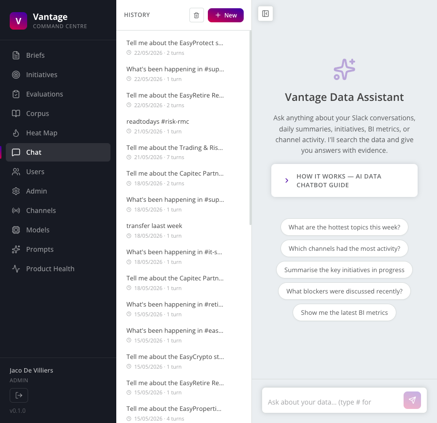 The Vantage data assistant: a chat interface with suggested questions about the company's week and a prior question history